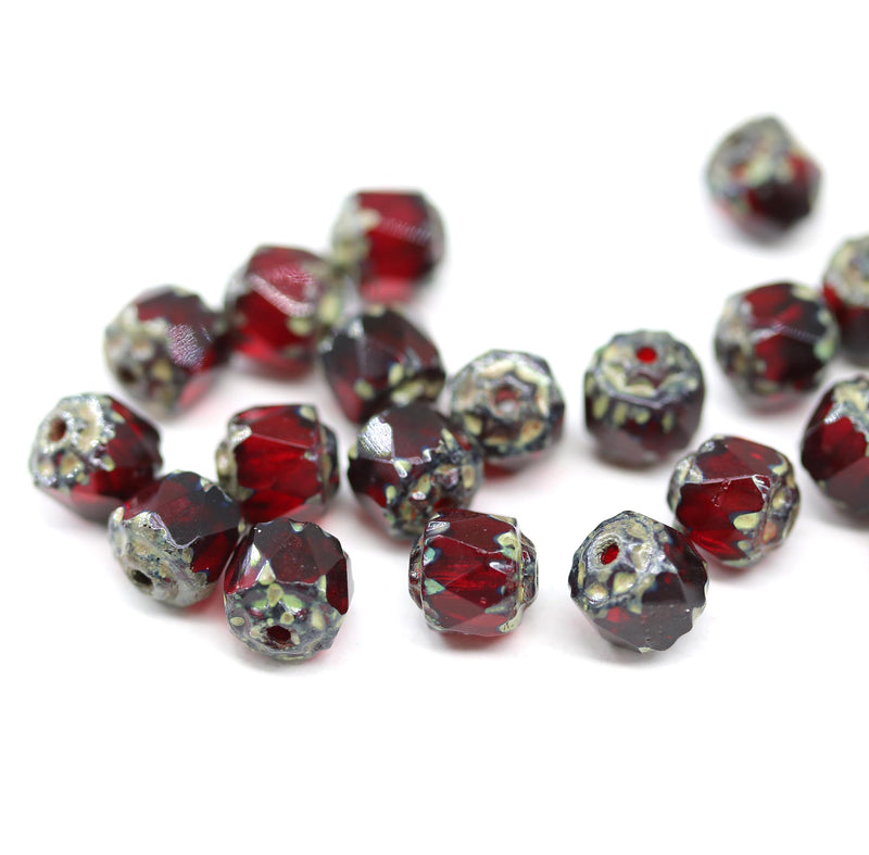 6mm Dark Red cathedral beads picasso Czech glass round - 20Pc