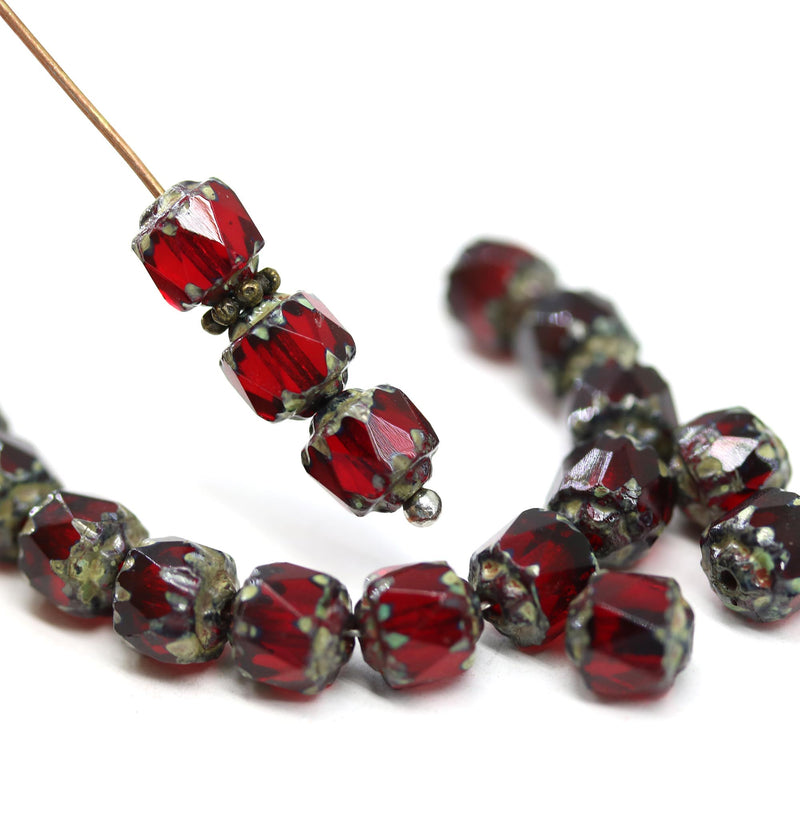 6mm Dark Red cathedral beads picasso Czech glass round - 20Pc