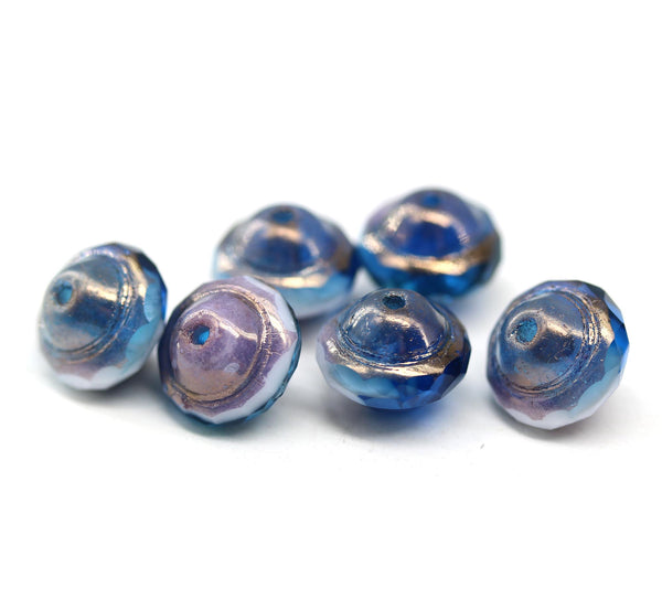 8x10mm Mixed blue white saucer Czech glass beads UFO shape - 6Pc