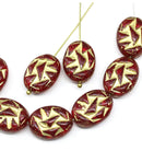 17x13mm Red gold ornament oval Czech glass beads 8pc