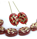 17x13mm Red gold ornament oval Czech glass beads 8pc