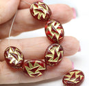 17x13mm Red gold ornament oval Czech glass beads 8pc