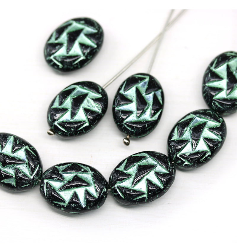 17x13mm Black green ornament large statement oval Czech glass beads 8pc