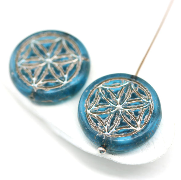 9mm Blue coin czech glass beads pair silver ornament tablet shape 2pc