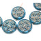 9mm Blue coin czech glass beads pair silver ornament tablet shape 2pc