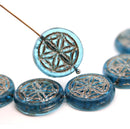 9mm Blue coin czech glass beads pair silver ornament tablet shape 2pc