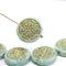 9mm Mint green coin czech glass beads pair golden ornament tablet shape 2pc