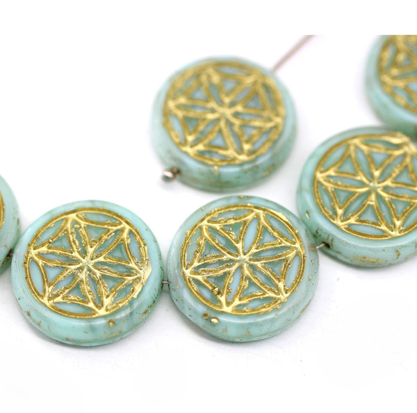 9mm Mint green coin czech glass beads pair golden ornament tablet shape 2pc
