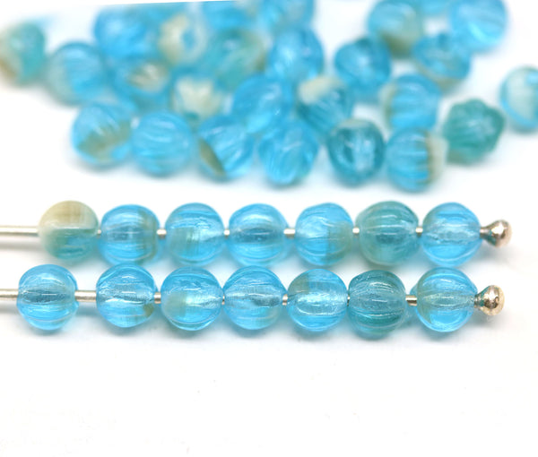 4mm Mixed blue melon shape glass beads, 50pc