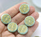 9mm Mint green coin czech glass beads pair golden ornament tablet shape 2pc