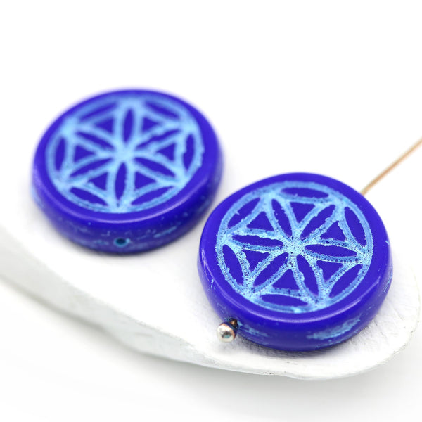 9mm Blue coin czech glass beads pair ornament tablet shape 2pc