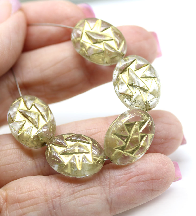 17x13mm Clear gold ornament large statement oval Czech glass beads 8pc