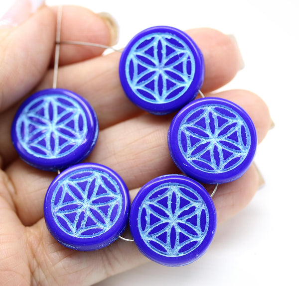 9mm Blue coin czech glass beads pair ornament tablet shape 2pc