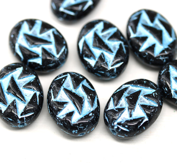 17x13mm Black blue ornament large statement oval Czech glass beads 8pc