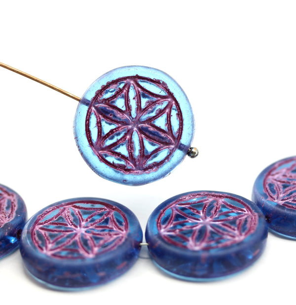 19mm Blue coin czech glass beads pair pink ornament tablet shape 2pc