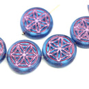 19mm Blue coin czech glass beads pair pink ornament tablet shape 2pc