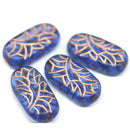 25x12mm Large oval sapphire blue flat czech glass beads with ornament - 4pc