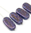 25x12mm Large oval blue flat czech glass beads with ornament - 4pc