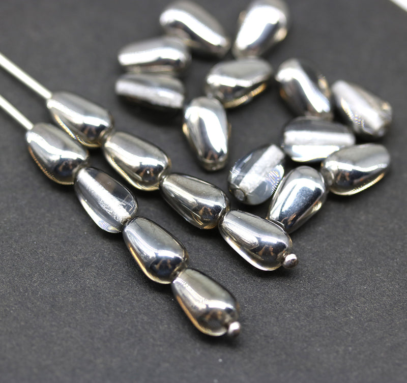 10x6mm Silver pear shape teardrop czech glass beads 20pc