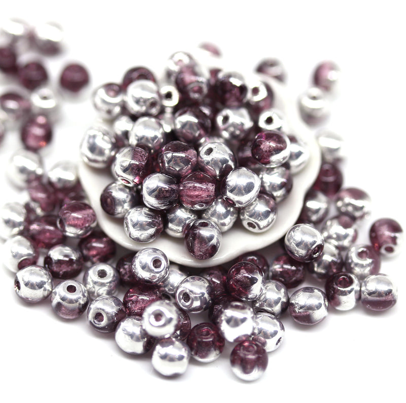 4mm Purple silver beads Czech glass round druk spacers - about 80pc