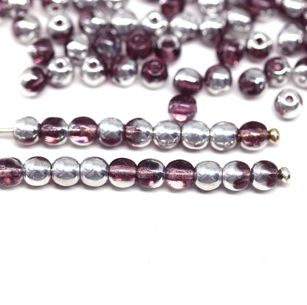 4mm Purple silver beads Czech glass round druk spacers - about 80pc