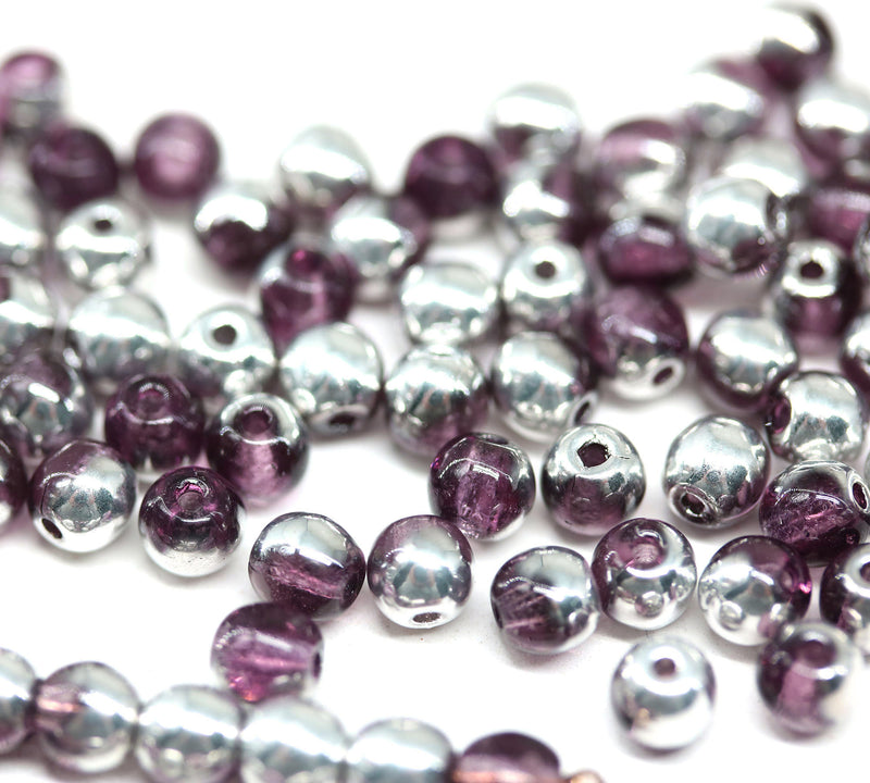 4mm Purple silver beads Czech glass round druk spacers - about 80pc