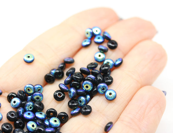4mm Black czech glass rondelle beads metallic luster - approx. 130pc