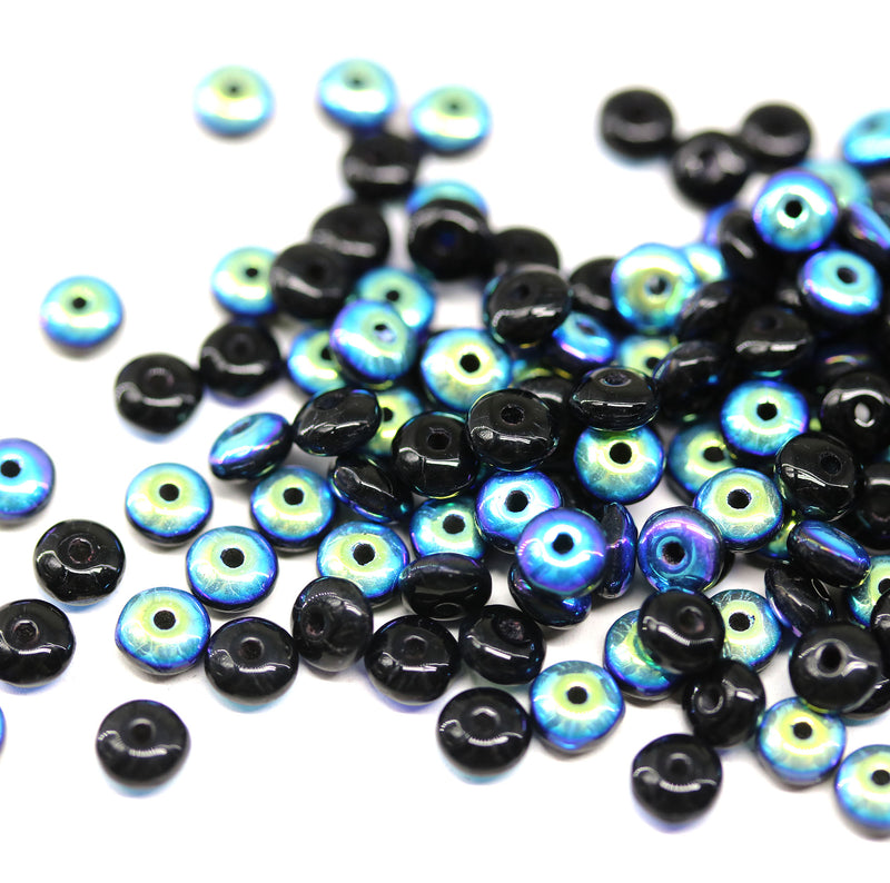 4mm Black czech glass rondelle beads metallic luster - approx. 130pc