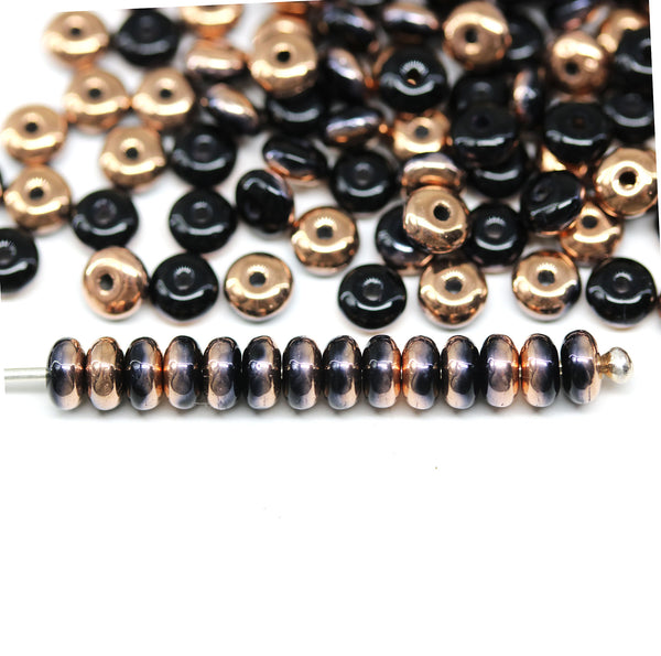 4mm Black czech glass rondelle beads copper coating - approx. 130pc