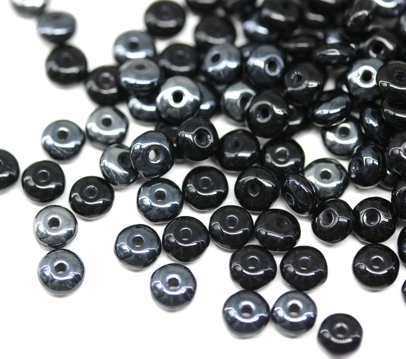 4mm Black czech glass rondelle beads with luster - approx. 130pc