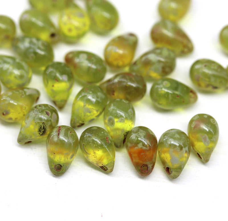 6x9mm Picasso green teardrop beads Czech glass 30pc