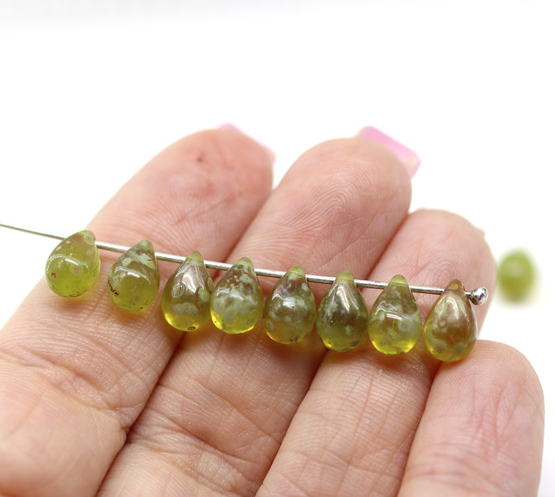 6x9mm Picasso green teardrop beads Czech glass 30pc