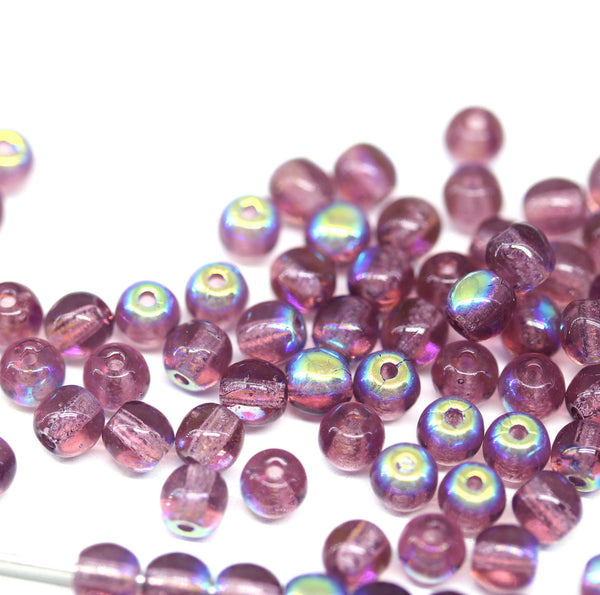 4mm Purple beads AB finish Czech glass round druk spacers - about 80pc