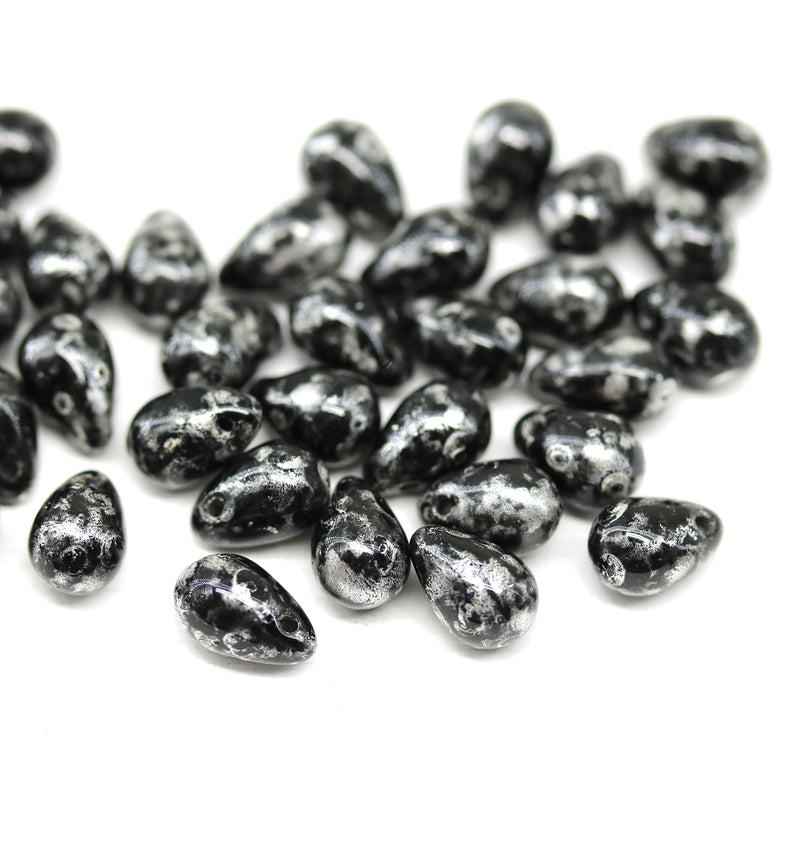 5x7mm Black silver wash Czech glass teardrop beads 40pc