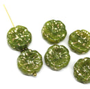 14mm Green pansy flower gold flakes Czech glass beads, 6Pc