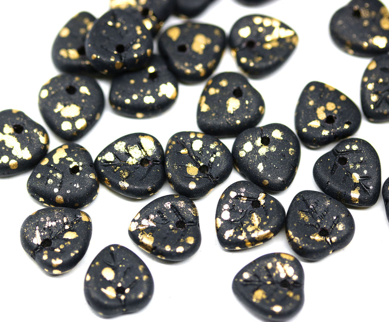 9mm Matte black heart shaped triangle leaf czech glass, golden flakes, 30pc