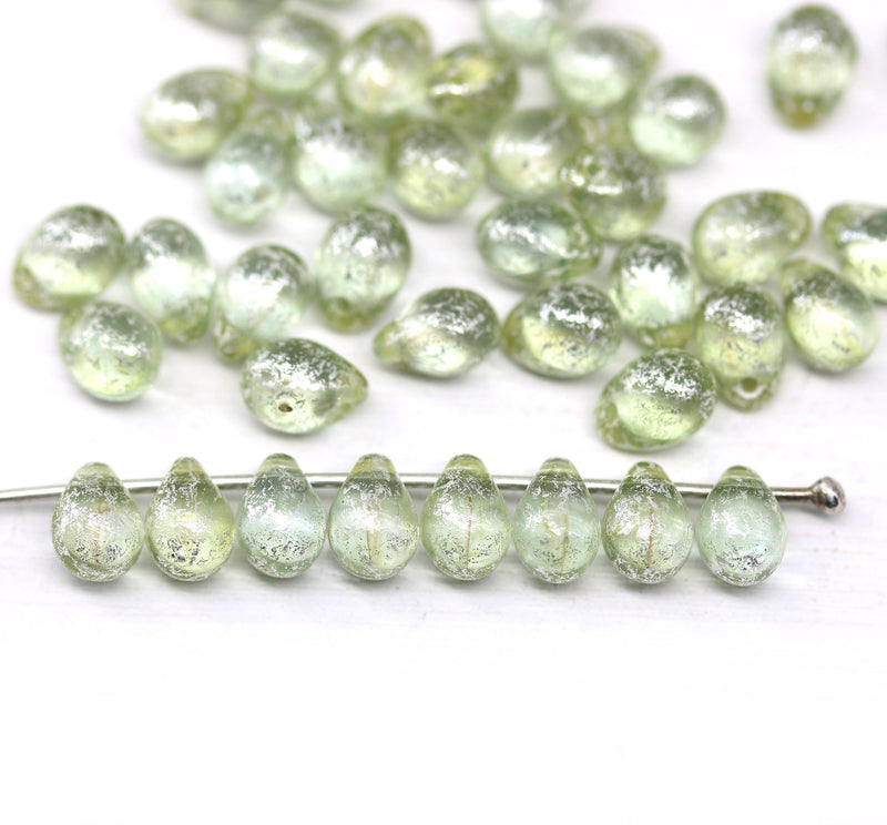 5x7mm Light green silver wash Czech glass teardrop beads 40pc