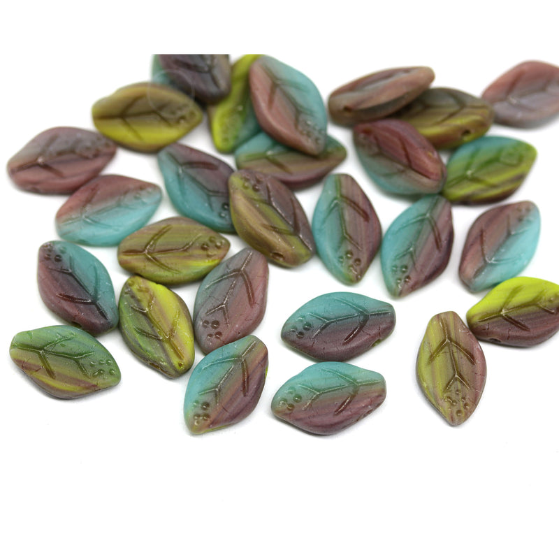12x7mm Earthy colors leaf czech glass beads frosted finish, 30pc