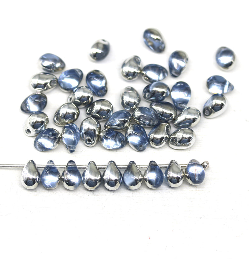 5x7mm Blue silver Czech glass teardrop beads 40pc