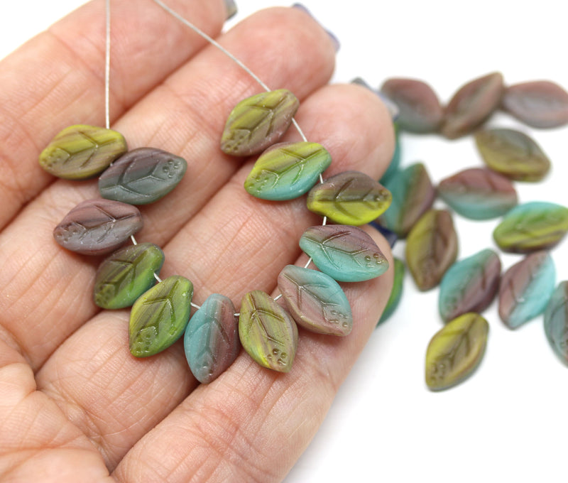 12x7mm Earthy colors leaf czech glass beads frosted finish, 30pc