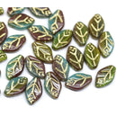 12x7mm Earthy colors leaf czech glass beads gold wash, 30pc
