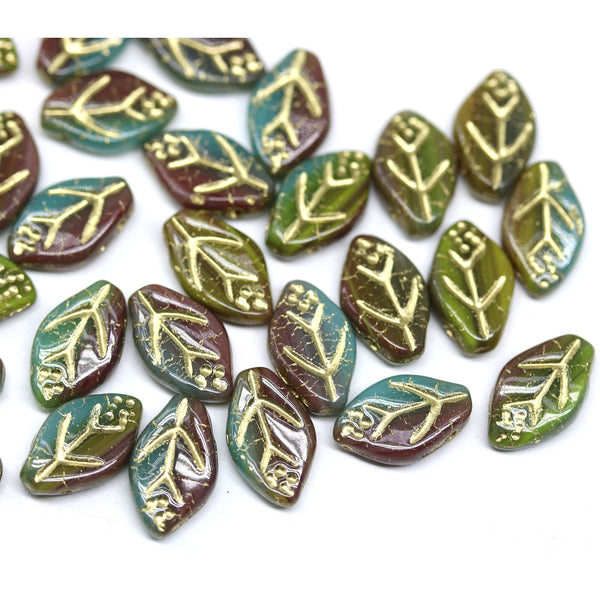 12x7mm Earthy colors leaf czech glass beads gold wash, 30pc
