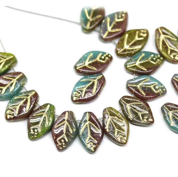 12x7mm Earthy colors leaf czech glass beads gold wash, 30pc