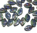 12x7mm Dark blue leaf czech glass beads, picasso finish, 30pc