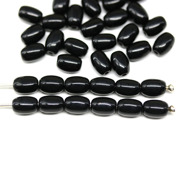 8x5mm Jet black czech glass rice oval beads - 40pc
