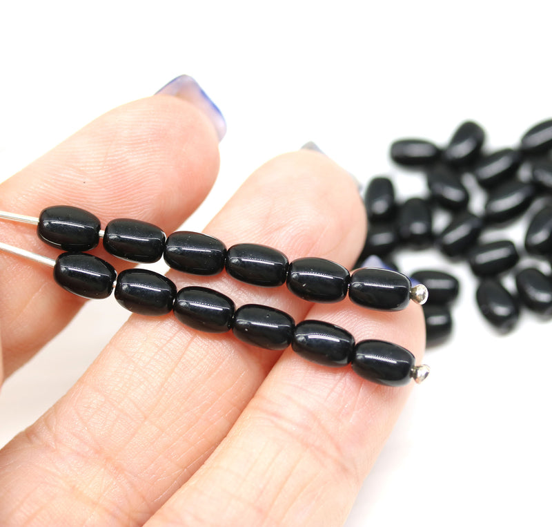 8x5mm Jet black czech glass rice oval beads - 40pc