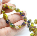 9x6mm Green yellow oval twisted oval glass beads, 30pc