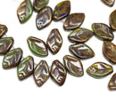 12x7mm Mixed green brown leaf czech glass beads - 30Pc