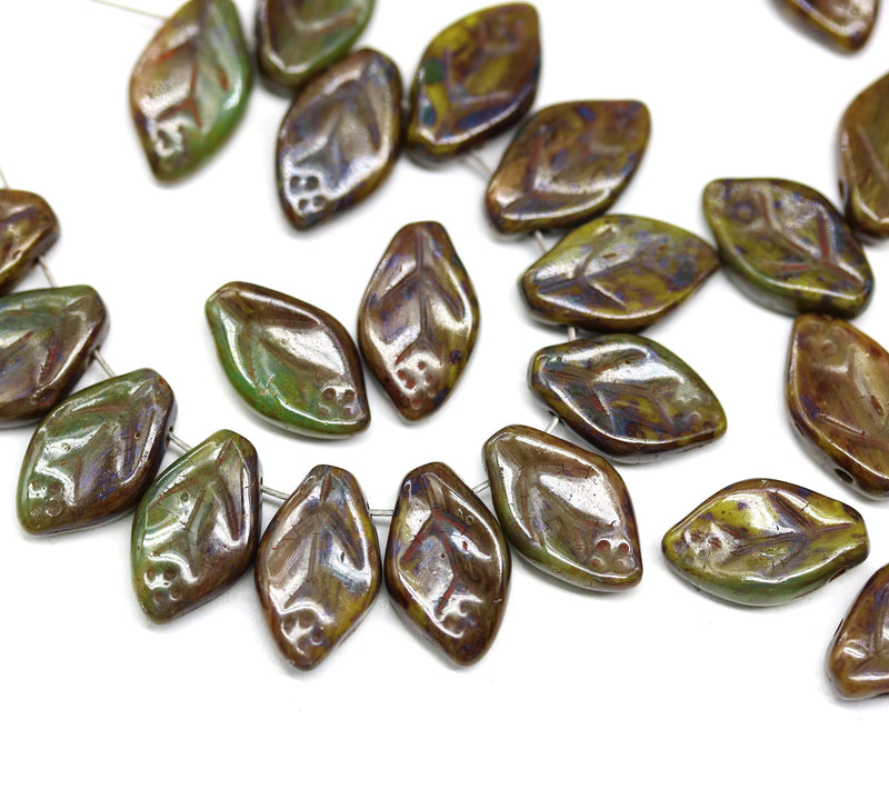 12x7mm Mixed green brown leaf czech glass beads - 30Pc