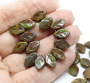 12x7mm Mixed green brown leaf czech glass beads - 30Pc